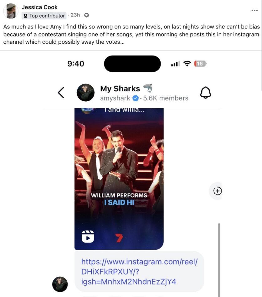 A facebook post in the Australian Idol group.